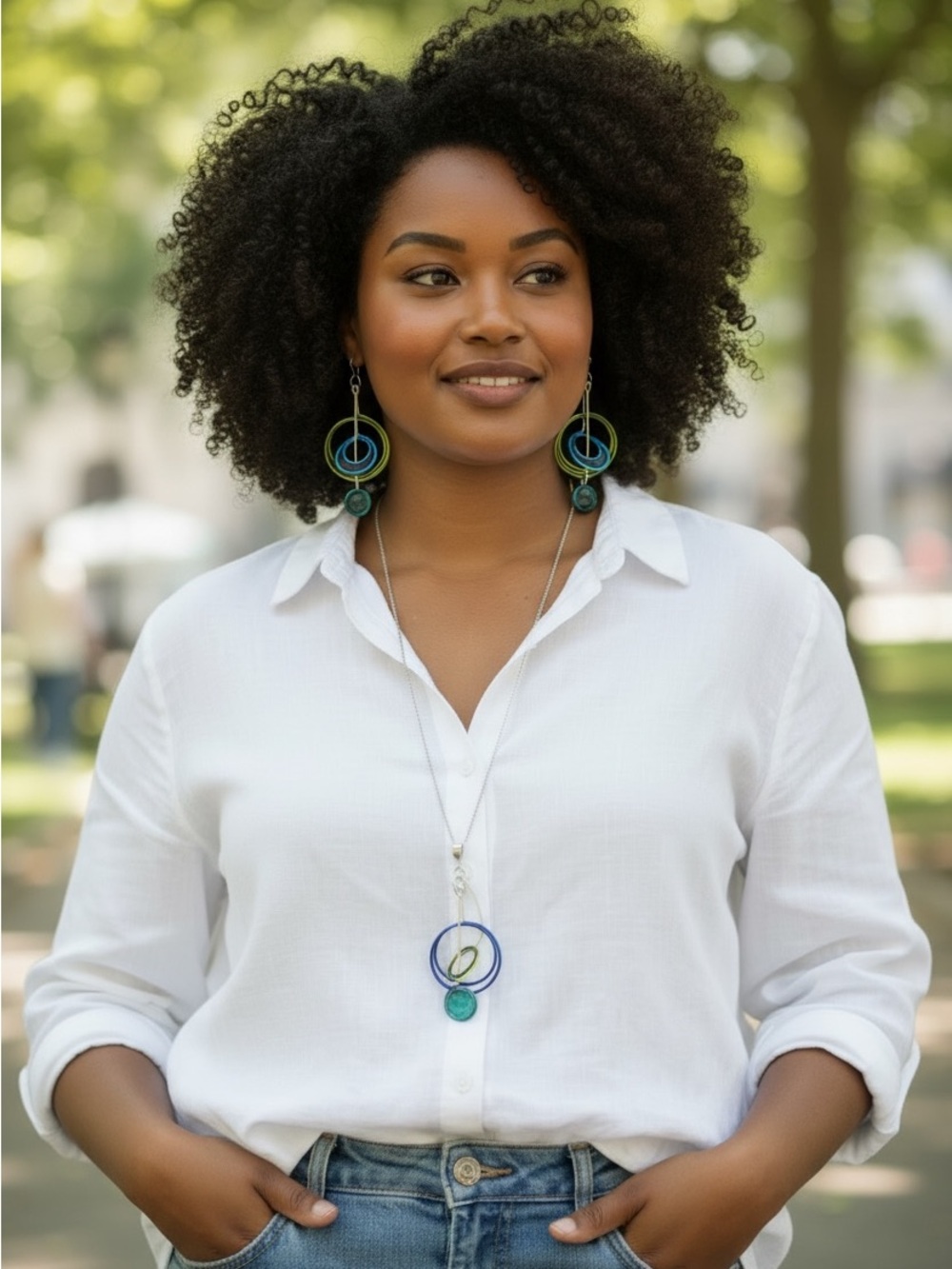 Handmade Blue & Green Circular Pendant Necklace and Earring Set